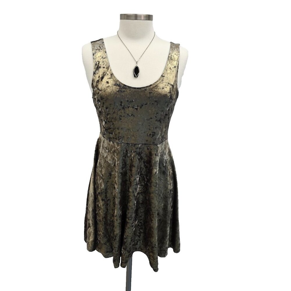 Topshop Gold Crushed Velvet Skater Dress‎ Womens Size 10 Sleeveless Scoop Neck